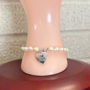 Sterling Silver Heart Charm "I am Loved" Genuine White Oval Pearl Bracelet 8"